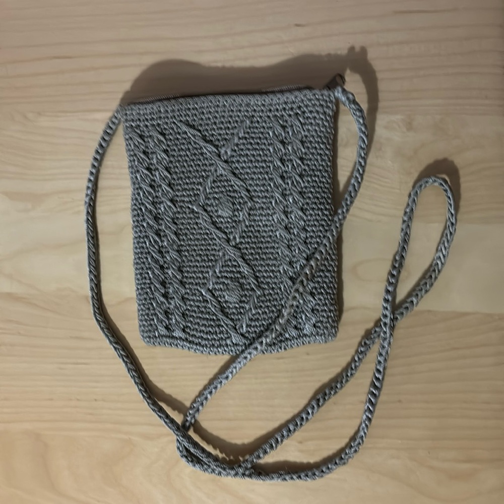 Tan crocheted small crossbody bag